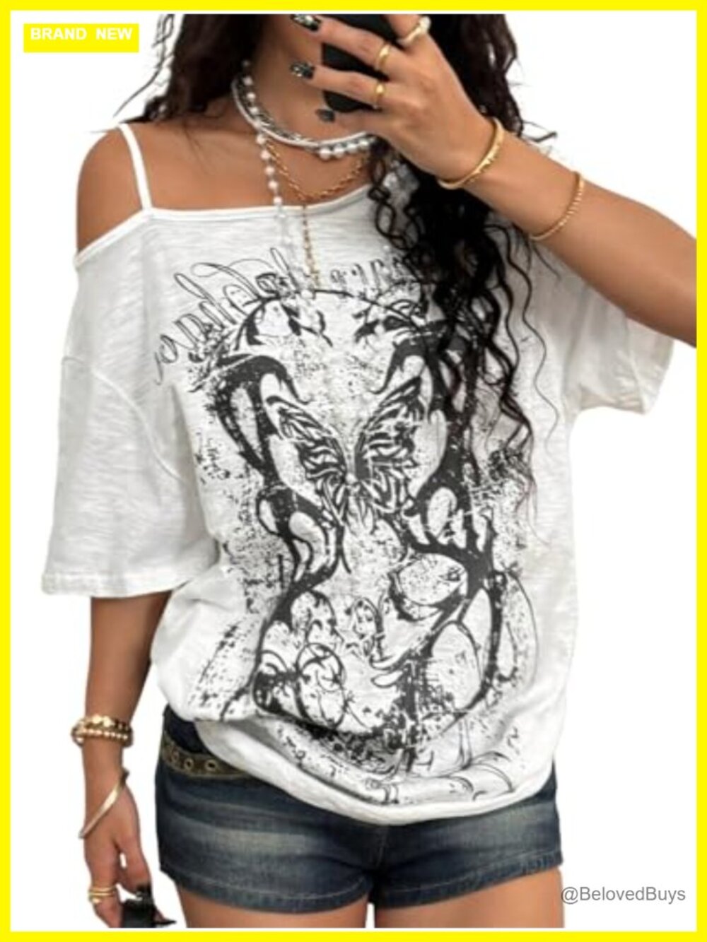 SOLY HUX Y2K Off Shoulder Graphic T-Shirt Drop Shoulder Grunge Tee